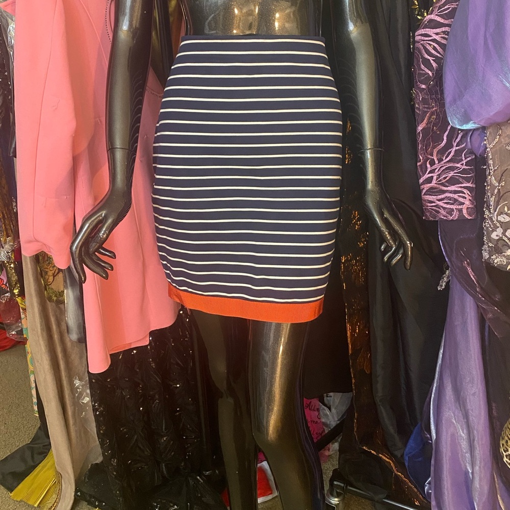 Ann Taylor Women's Navy Stripe Nautical Mini Skirt, Navy Blue, Ribbon Trim Sz. 6